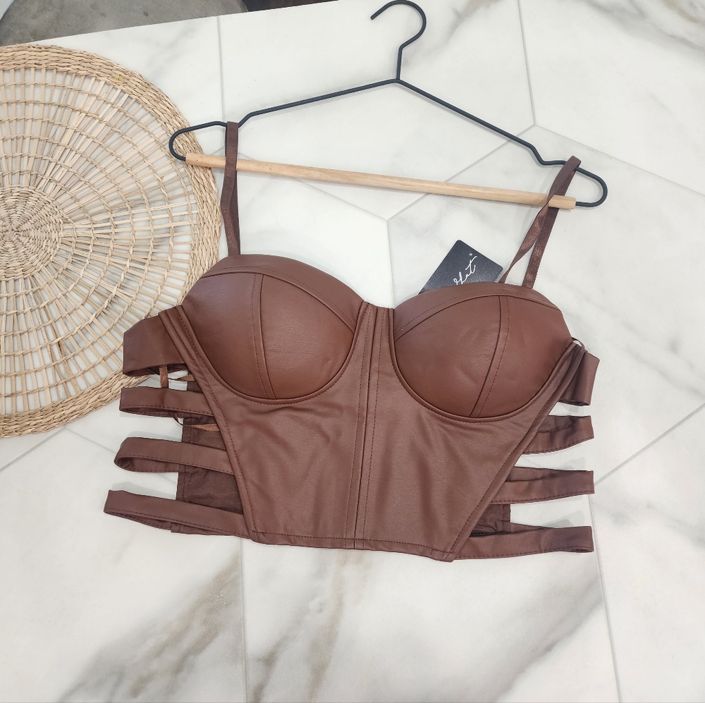 [ SAYWHAT] WOMEN'S SIZE L, CUTEST EVER FAUX LEATHER STRAPPY BRALETTE/ BUSTIER.